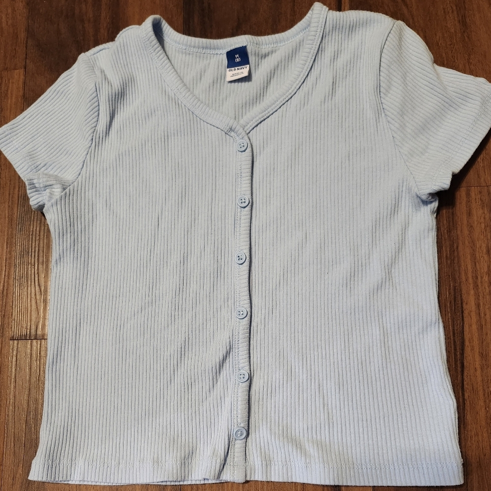 Girls Sz M (8) Old Navy Baby Blue Rib-Knit Short Sleeve Button-Front Top